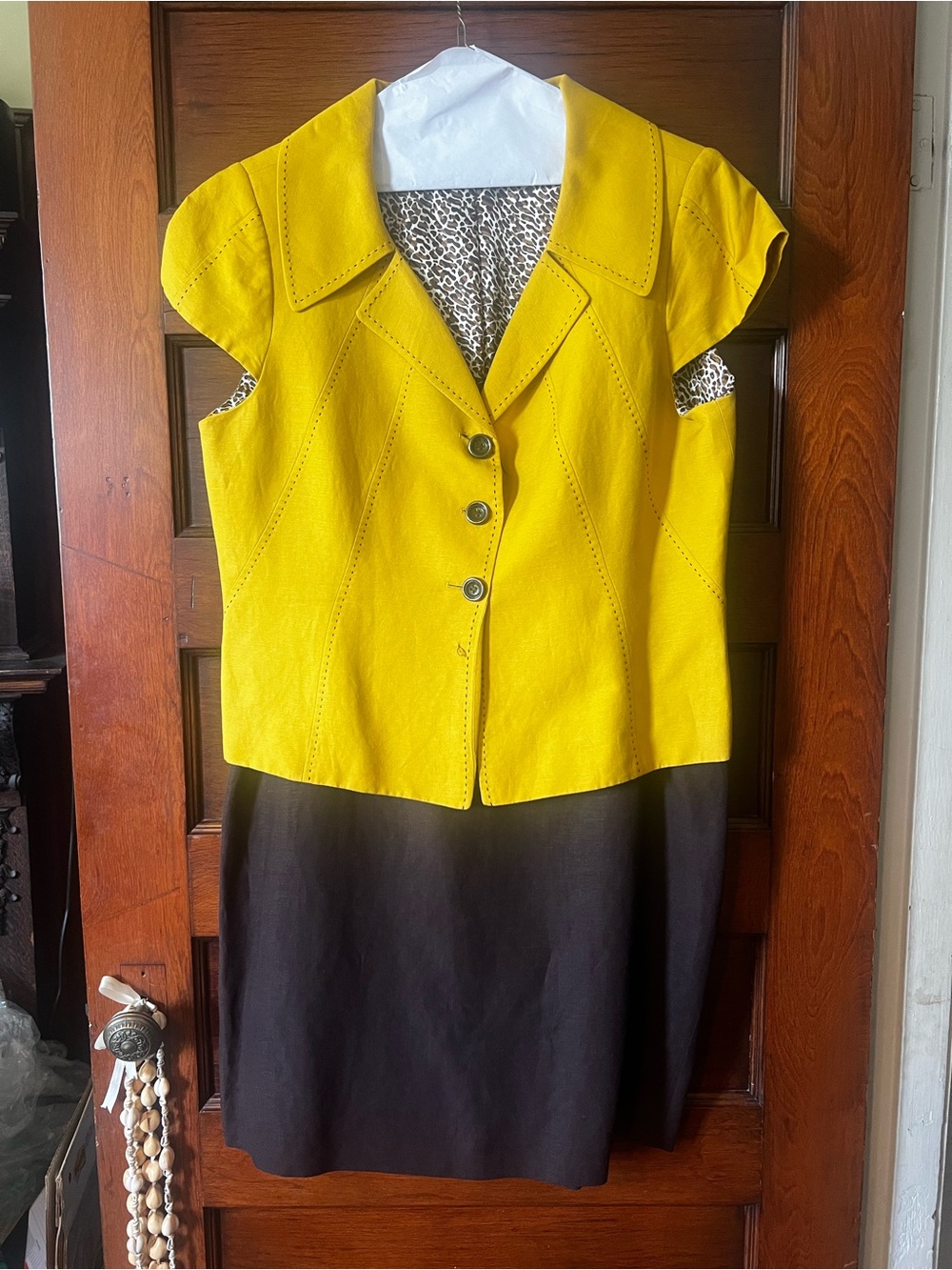 Tahari Yellow Short-Sleeve Tailored Blazer Jacket with brown skirt